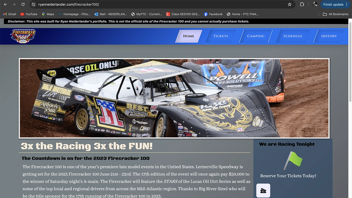 Screenshot of the desktop Firecracker 100 web site created by Ryan Neiderlander