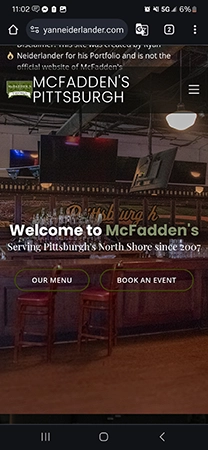Screenshot of the mobile McFadden's bar & grill web site created by Ryan Neiderlander